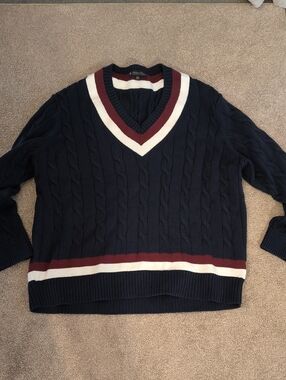 Brooks Brothers Men's Navy Cable-Knit V-Neck Sweater with Burgundy & White Trim